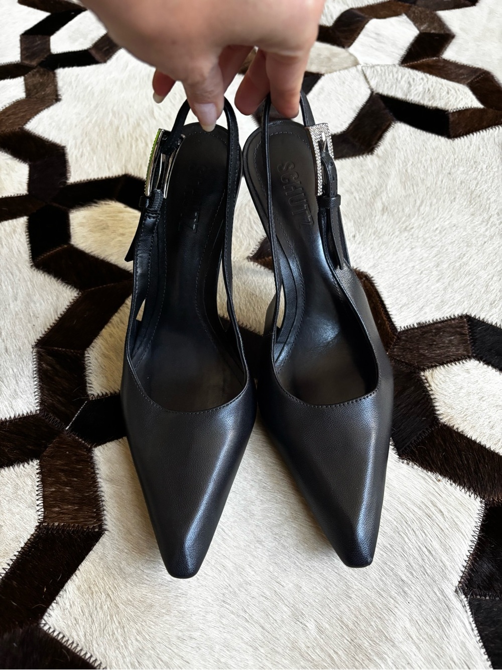 SCHUTZ Black Leather Pointed Toe Slingback Pumps